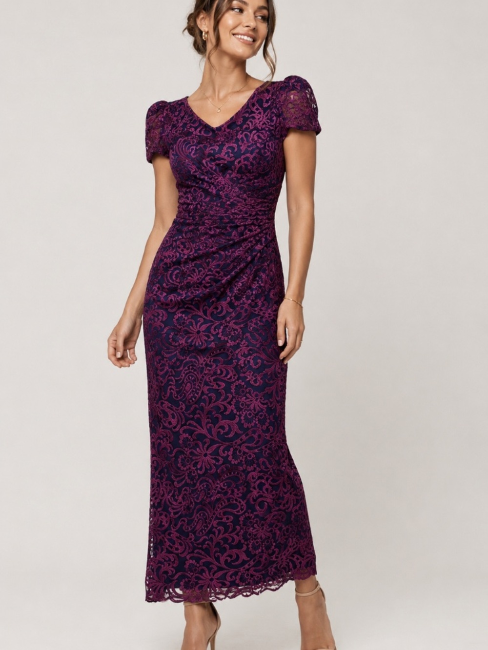 JS Collections Purple Navy Floral Lace Maxi Dress Size 12 NWT Evening Gown